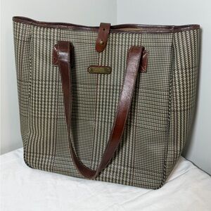 Vintage Polo Ralph Lauren Glen Plaid Coated Canvas Tote Bag With Leather Handles
